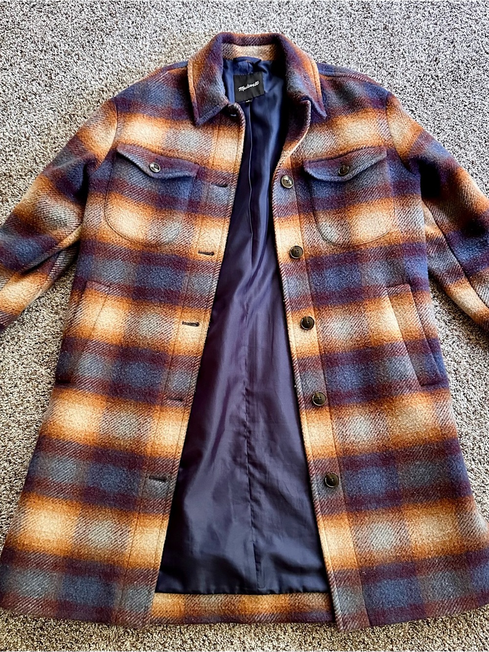 Madewell Wool-Blend Plaid Pea Coat in Blue and Brown